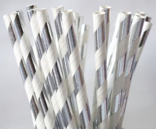 Paper Straw - Silver Metallic Striped - 25 Pack