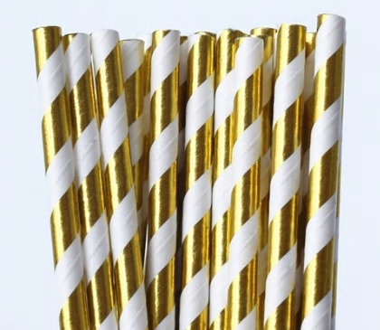 Paper Straw - Gold Metallic Striped - 25 Pack